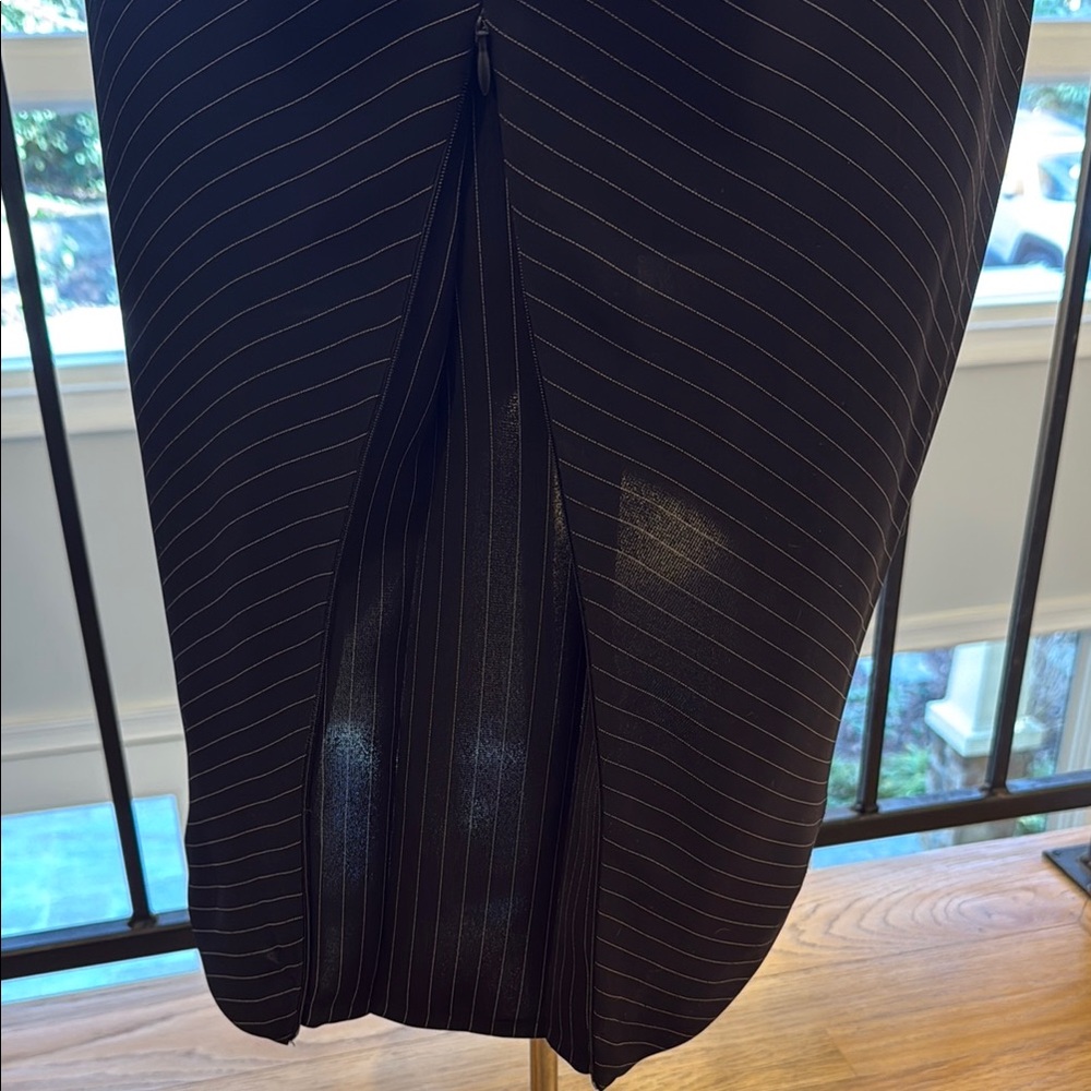 ELM Pinstriped Black Dress with Mandarin Collar and Bishop Sleeves - Picture 9 of 11